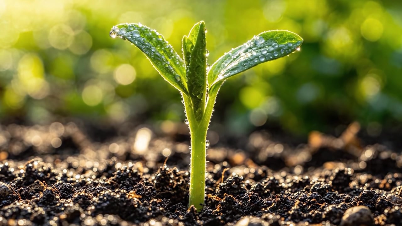 Awakening Nature: The Development of a Young Plant from Seedling to Sprout in a Lush Green Environment