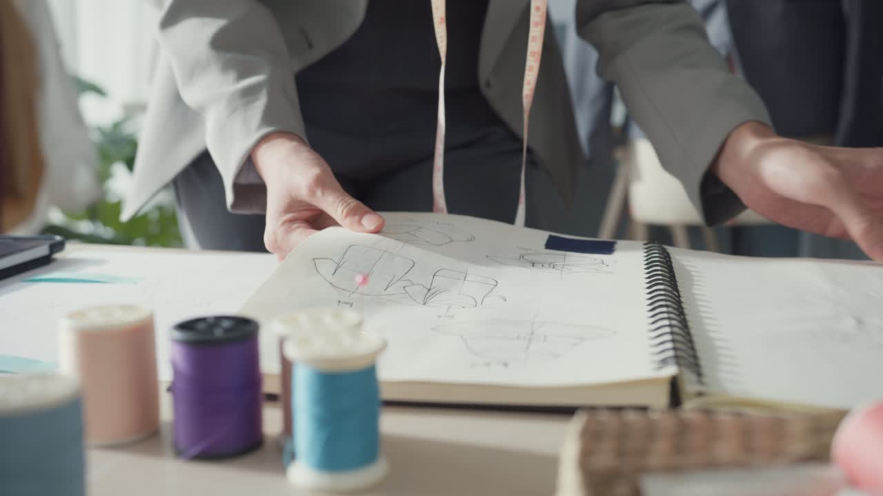 패션 컬렉션 배경을 가진 아시아 사업가 의상 제작자 스케치 북에 바고 스튜디오 작업장에서 테이블에 디지털 태블릿에 그림을 비교하고, 옷 패턴과 디자이너가 망진창 테이블에서.