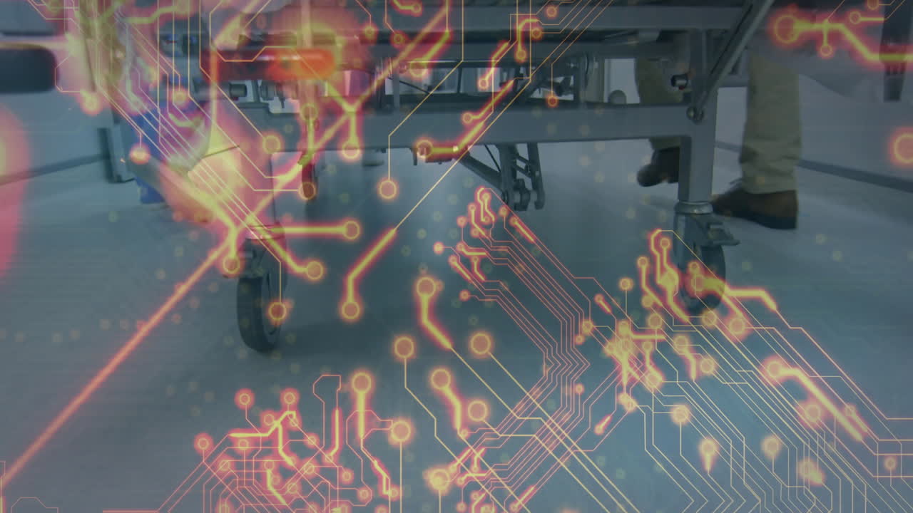 Circuit board and glowing nodes animation over hospital bed wheels