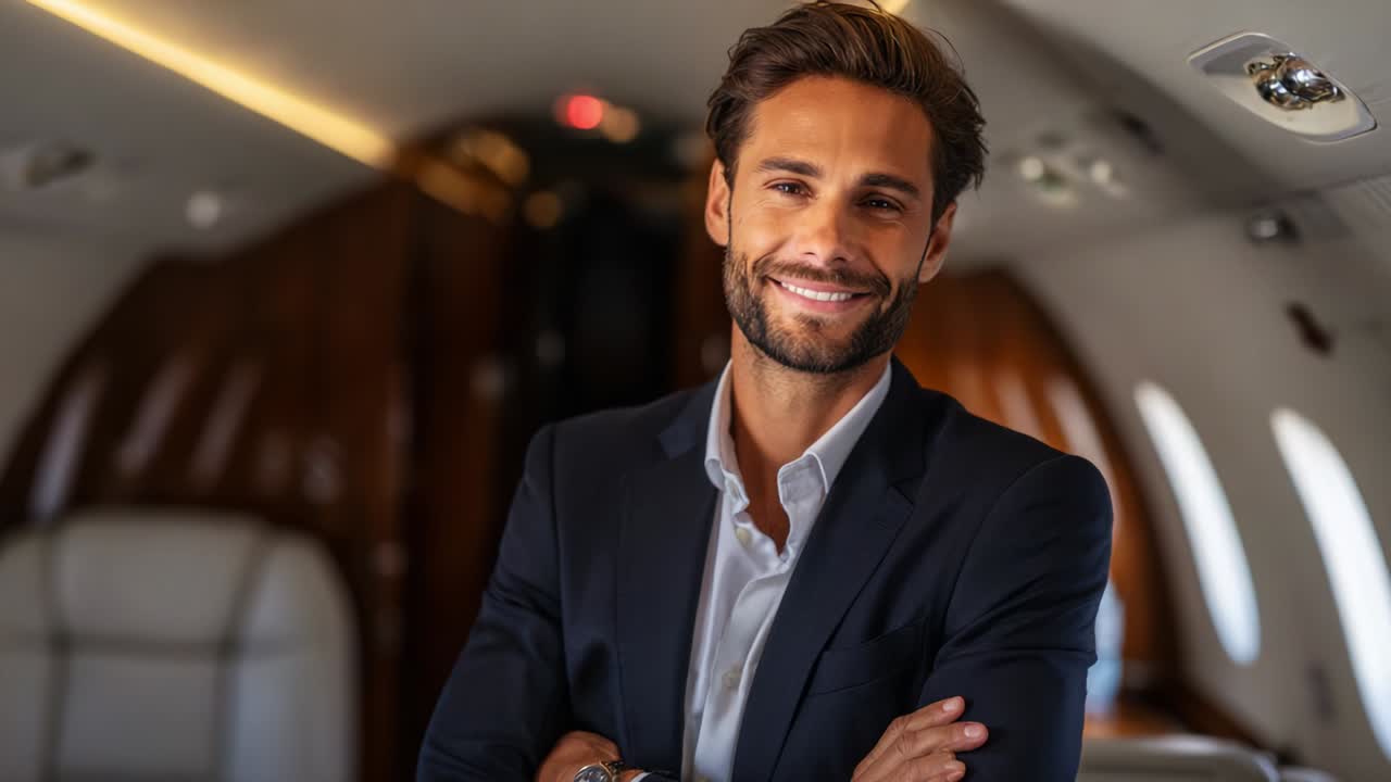 A confident and stylish individual exuding charisma stands inside an elegant private jet, showcasing a luxurious lifestyle and modern fashion while promoting a sense of success and sophistication