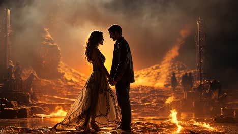 couple holding hands in silhouette against a dramatic fiery backdrop