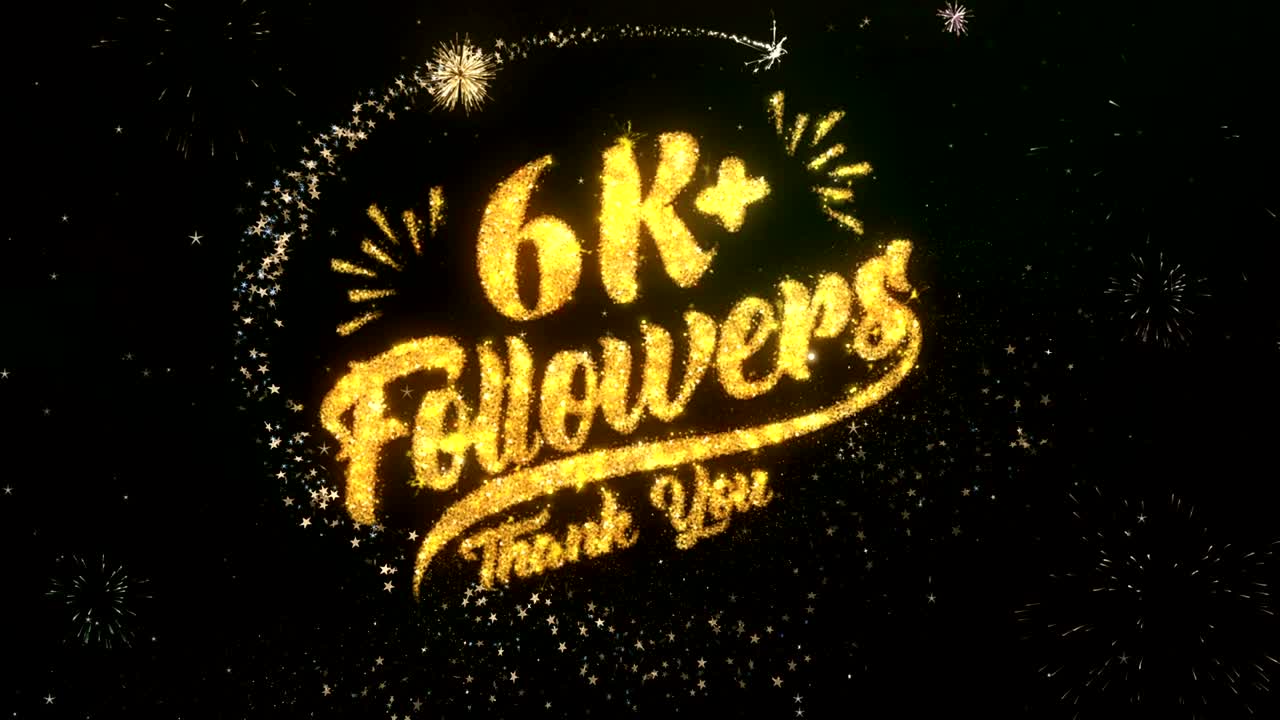 6k 추종자 인사 및 희망 카드는 반이는 입자 및 반이는 빛의 어두운 밤 하늘과 다채로운 불꽃놀이 4k 배경으로 만들어졌습니다.