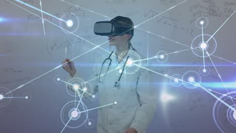 animation of network of connections with equations over caucasian female doctor wearing vr headset