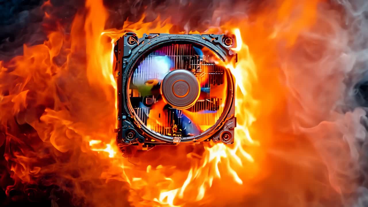 компьютерный вентилятор в огне с дымом, выходящим из него