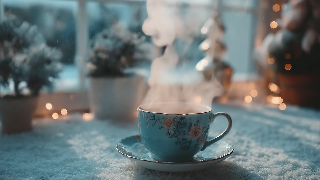 A Peaceful Morning with a Steaming Cup of Tea on a Cozy Winter's Day Surrounded by Soft Textures and Warm Lights