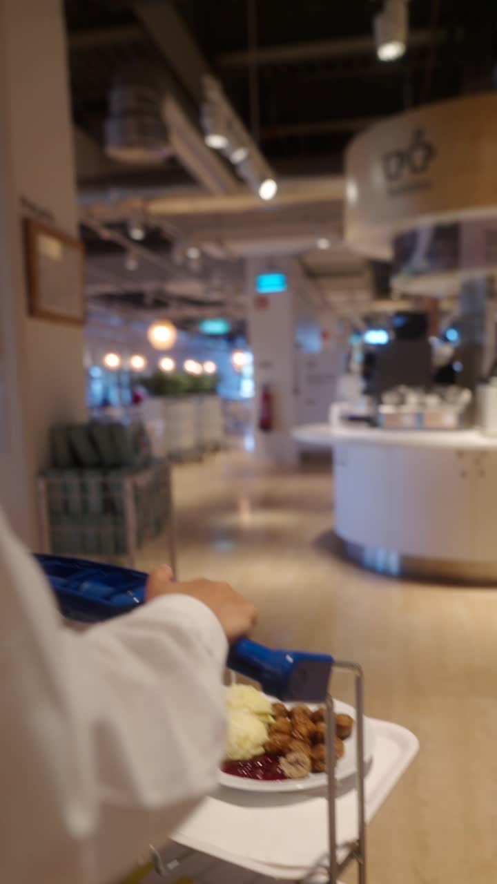 Person pushing a cart in a modern restaurant or food court