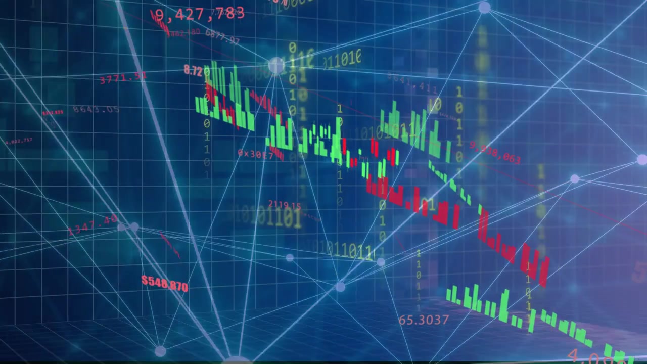Impulso di dati che avvia candele che appaiono e scorrono verso il basso su nodi a rete, mostrando un declino del mercato