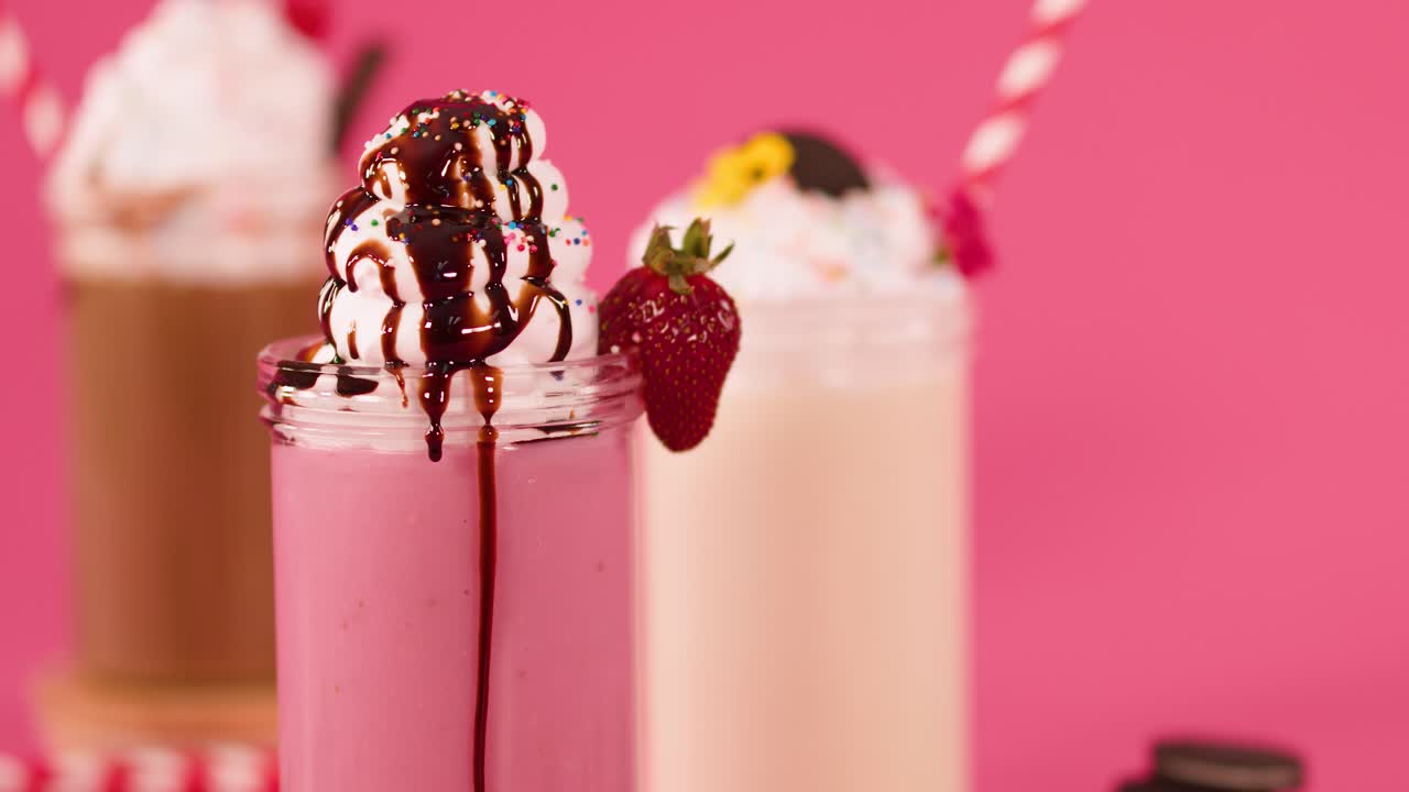 Pink strawberry milkshake topped with whipped cream, chocolate drizzle, and cherry, under bright studio lighting