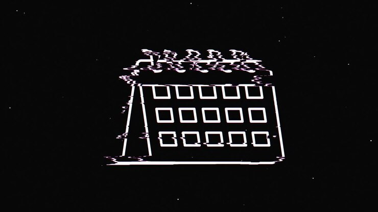 Line calendar hud holographic symbol on digital old tv screen seamless loop glitch animation. Hearts. Dynamic retro and joyful. Colorful and vintage video footage.