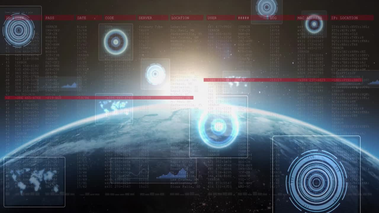 animación del procesamiento de datos en pantalla y escaneos sobre el planeta tierra