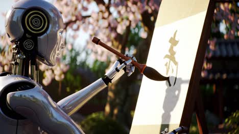 a futuristic robot artist skillfully creates breathtaking calligraphy under blossoming cherry trees, merging technology with traditional art in a serene environment