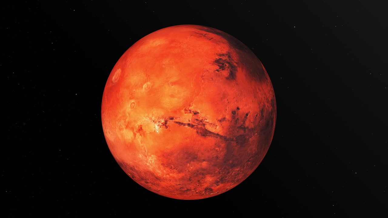 Red Planet Mars is Spinning in Outer Space with Stars at Black Background in 4K Resolution