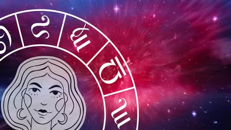 animation of virgo star sign symbol in spinning horoscope wheel over glowing stars