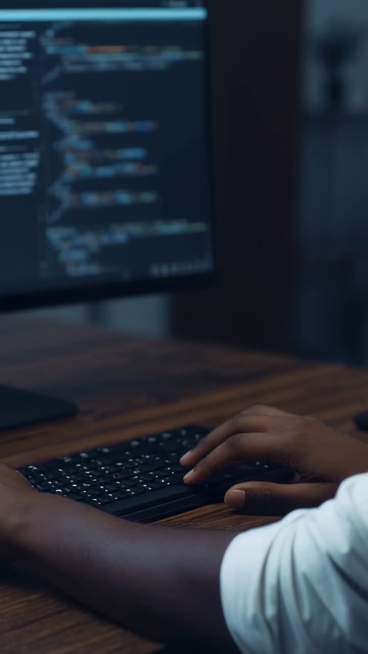 Vertical video: Developer typing code on keyboard on desk with code editor on monitor, copy space
