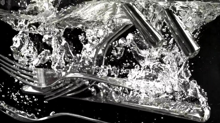 Slow Motion Silverware Dropping into Water with Bubbles