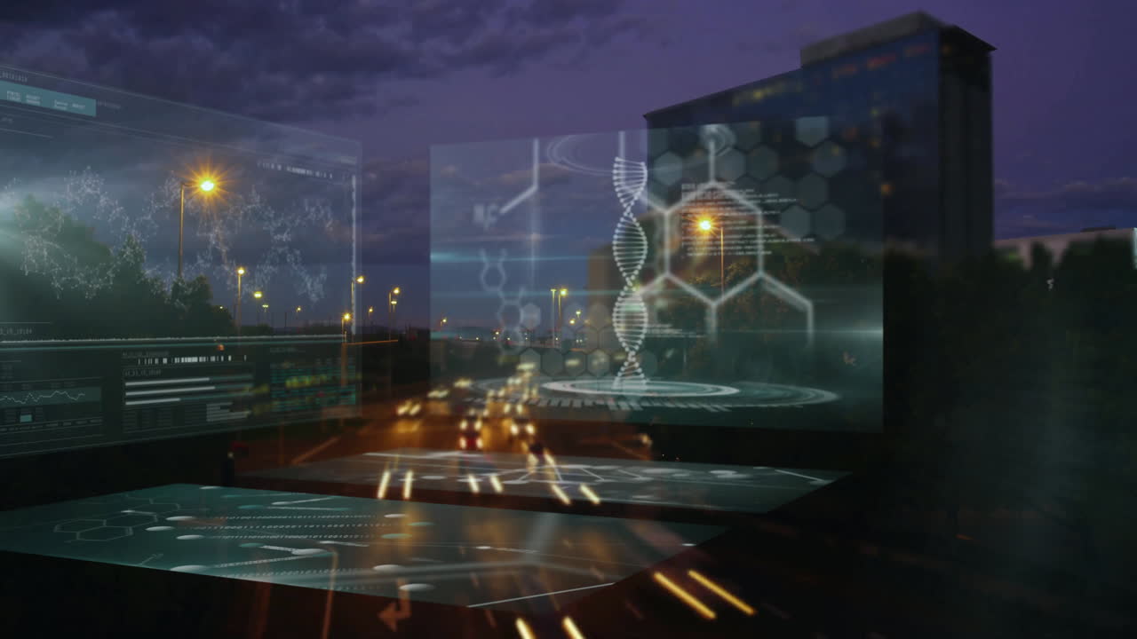 DNA strand and scientific data processing animation over cityscape at night