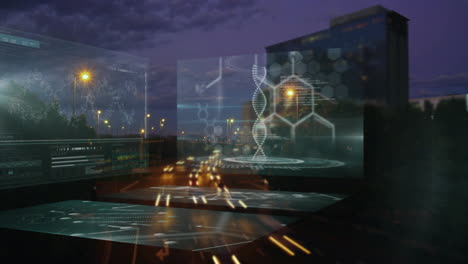 DNA strand and scientific data processing animation over cityscape at night
