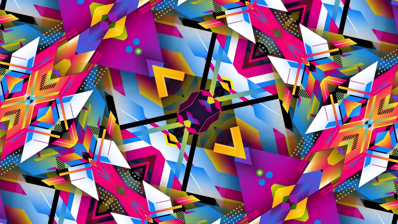 Motivo caleidoscopico geometrico vibrante con grafica in movimento dinamica