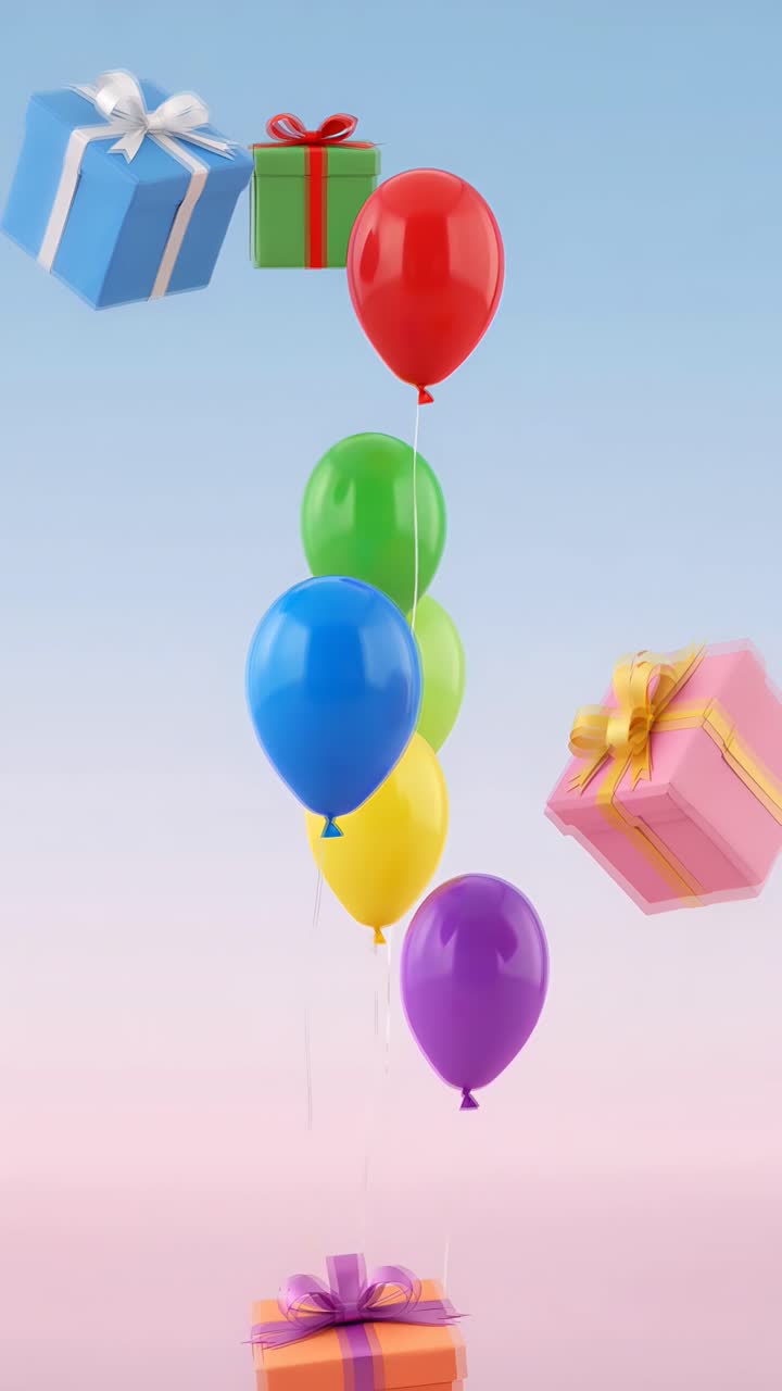 Video di sfondo di compleanno con palloncini e scatole regalo 4K
