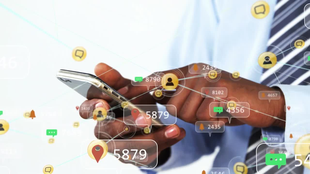 Animation of social media icons and network of connections over man using smartphone
