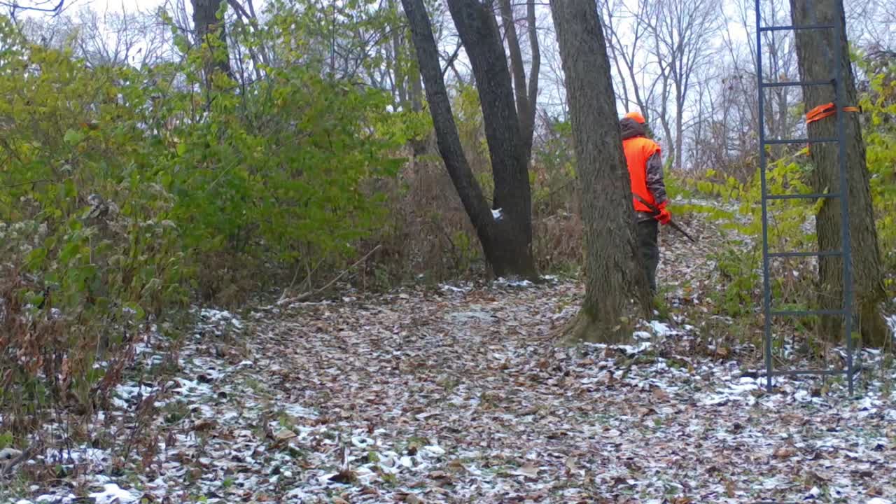 Hunter dressed in orange and camouflage walking along a game trail in early inter in American Midwest