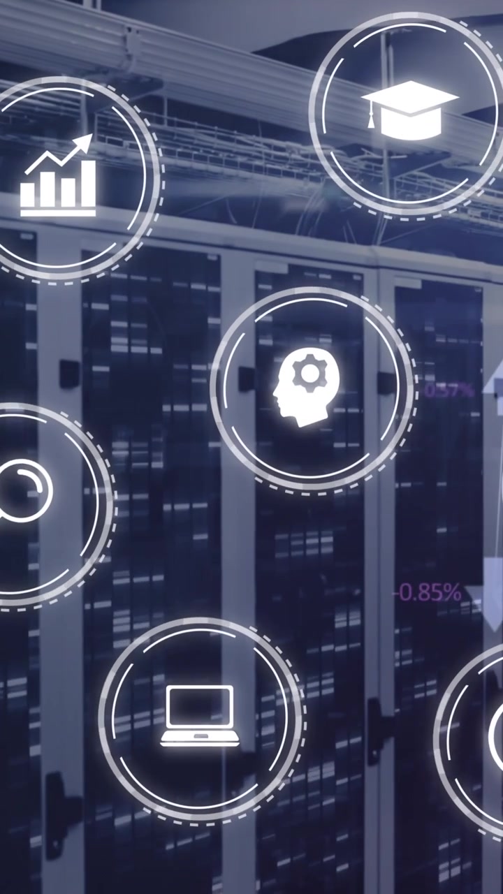 Animation of multiple digital icons and mosaic squares against computer server room