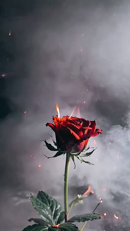 burning red rose in smoky dark background