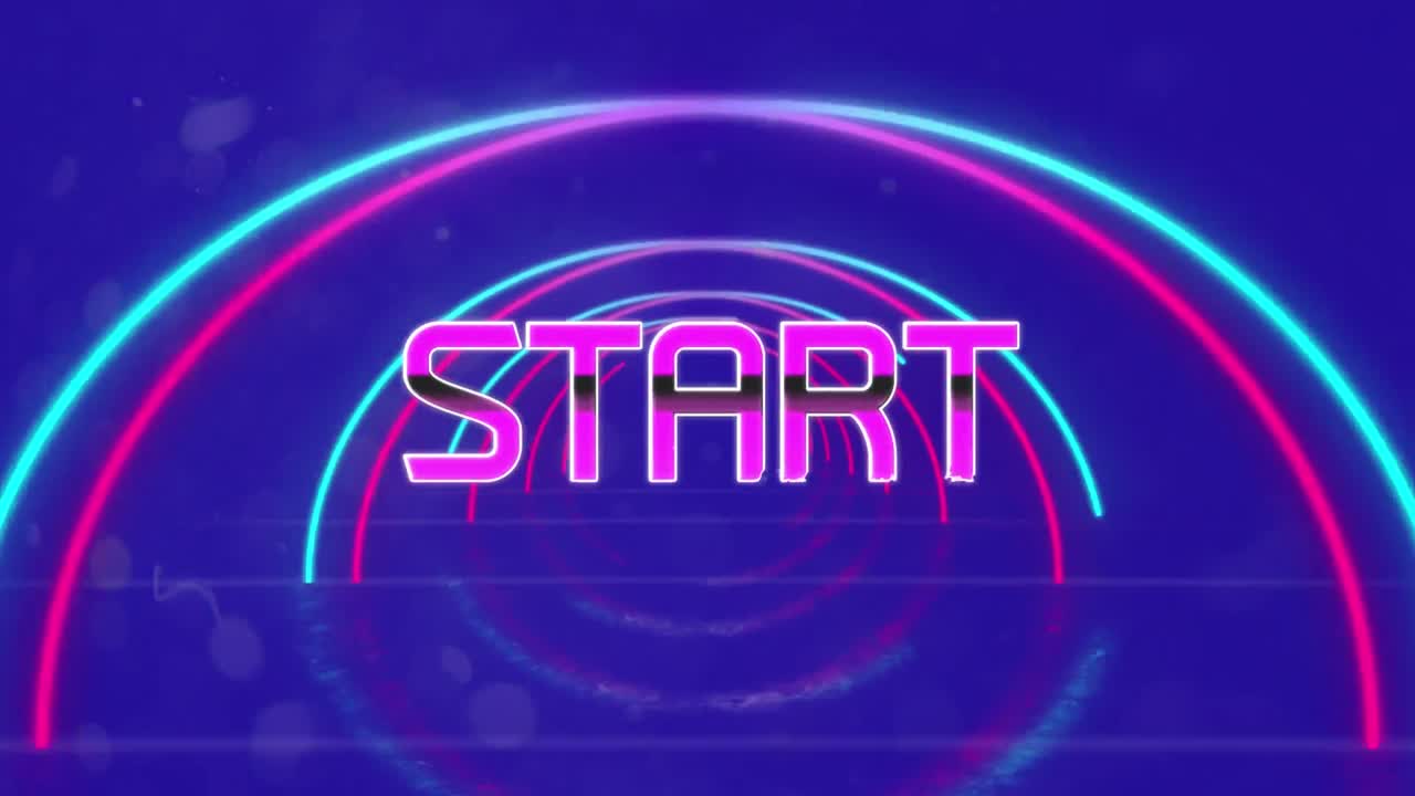 Animation of start text over neon shapes on blue background