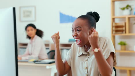 computer, winner and celebration of black woman