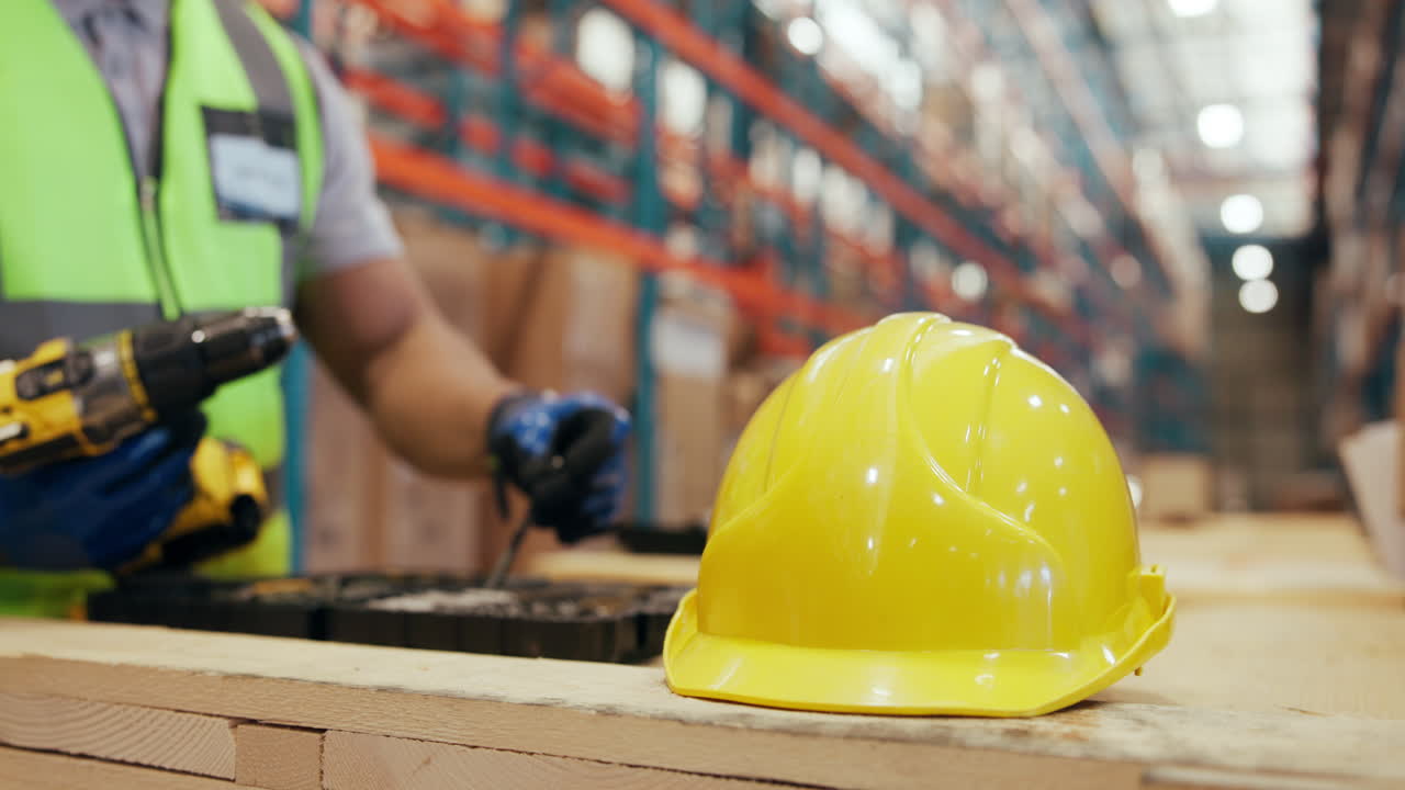 Casco amarillo y trabajador con taladro en almacén
