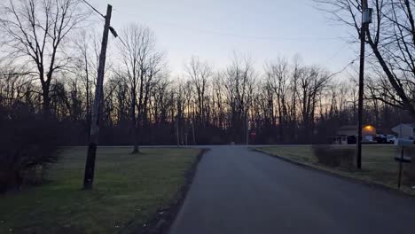 a peaceful evening road at dusk, surrounded by bare trees and the fading light of day, showcasing the calm of rural life