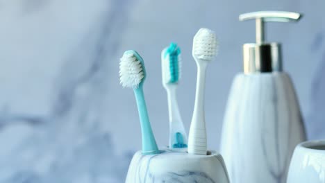 toothbrushes in a marble holder with soap dispenser