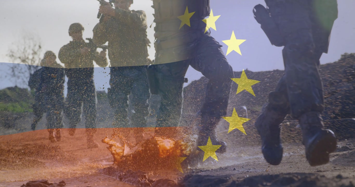 Military squad advancing on command during drill, mud track boots splashing, flag overlay blending