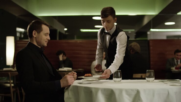 Restaurant Scene: Waiter Serving Food