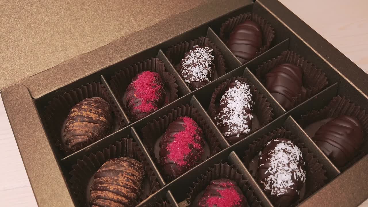 caramelos de chocolate en la elaboración de cajas de regalos de primer plano extremo. 4k imágenes de primer plano de la cámara moviéndose lentamente entre una variedad de chocolates confitería en el fondo blanco
