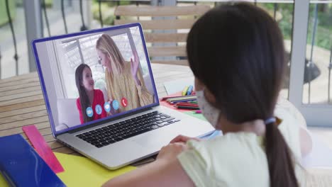 Caucasian-girl-on-laptop-video-chat-wearing-face-mask-at-home