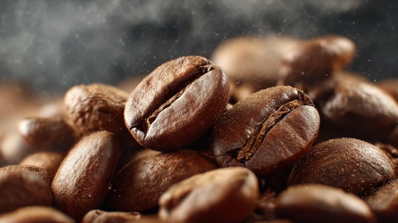 Et nærbillede af friskristede kaffebønner med en rig aroma, der fanger deres blanke overflade og fine støv i en varm, indbydende atmosfære