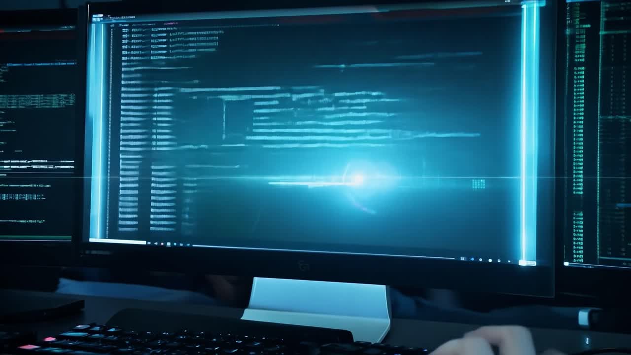 un primer plano de una pantalla de computadora que muestra código en una habitación oscura.
