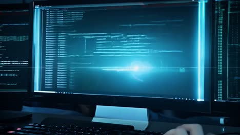 un primer plano de una pantalla de computadora que muestra código en una habitación oscura.