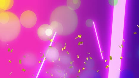 animación de confeti y puntos que aparecen sobre el espacio digital rosa y azul