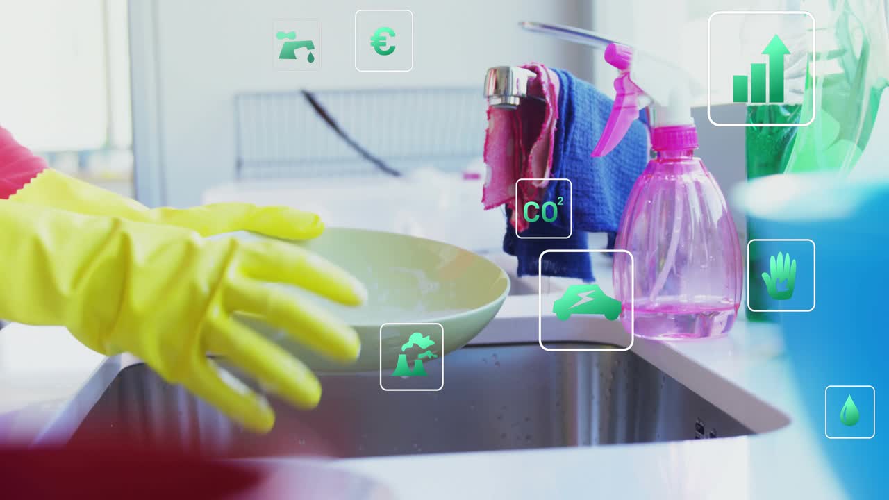 Lifting green bowl, gloved hands scrubbing, rinsing, moving to rack, eco icons pulsing and fading