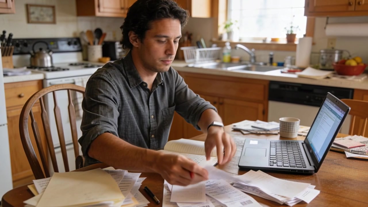 Uomo seduto con camicia grigia al tavolo della cucina che ordina le ricevute, digitando sul laptop per gestire le finanze