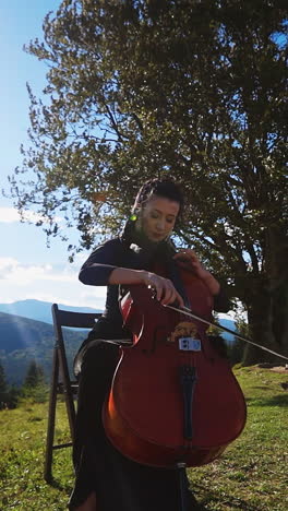 cello player sitting on the windy hill under the tree. woman in black dress plays music at backdrop of sun. vertical video