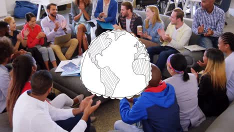 animación de un globo dibujado sobre diversos colegas creativos aplaudiendo en una reunión de oficina casual