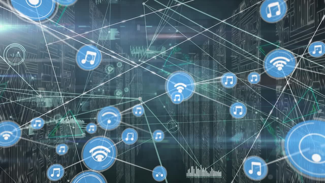 Animation of network of connections with icons over computer servers
