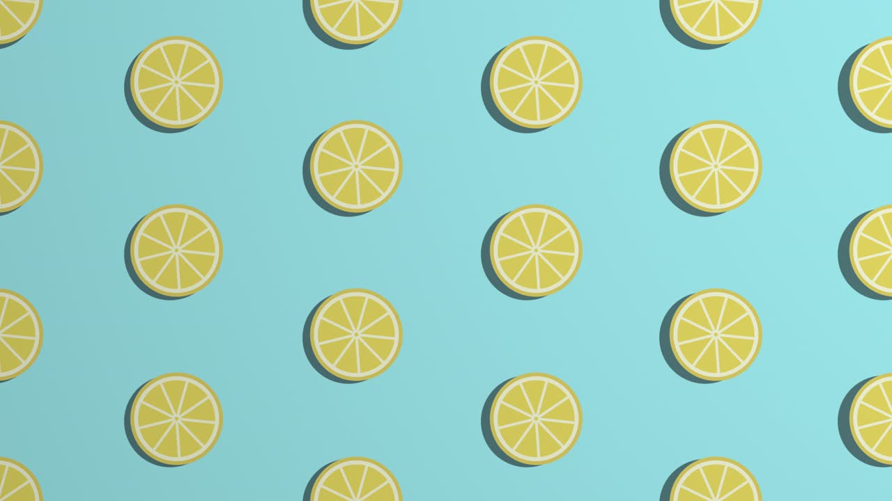 rotación de rebanadas de naranja. patrón en fondo azul. estilo mínimo. animación de bucle