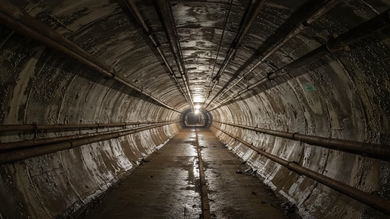 Mysterious Underground Tunnel: A Journey Through the Dark, Wet, and Eerie Passageway with Dim Light at the End, Inviting Curiosity and Unease