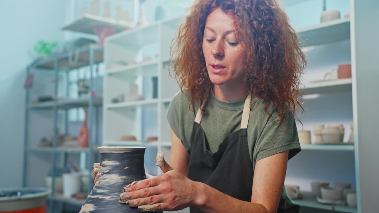 Woman Pottery Artist Working on a Vase
