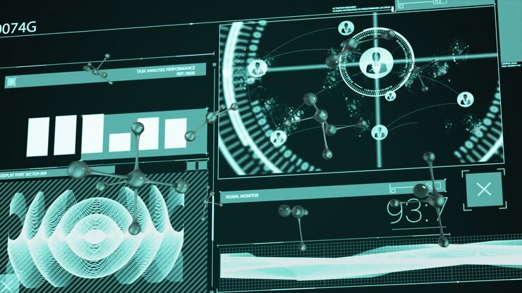 Animation of scope scanning, molecules moving, data processing on screens on black background