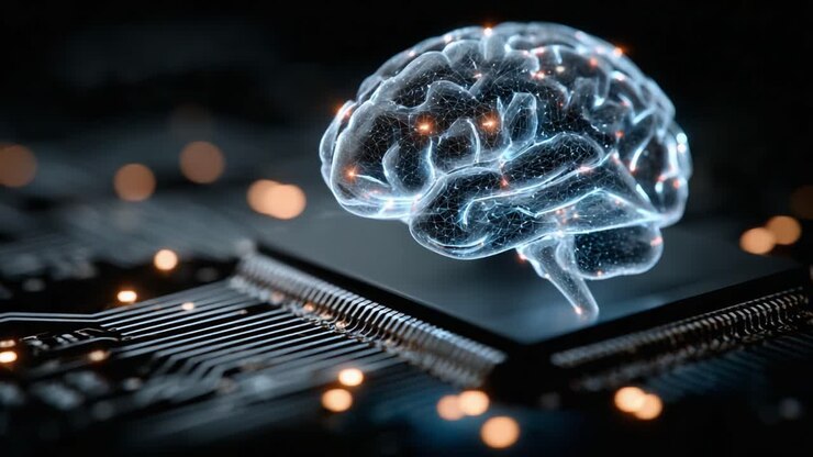 A Glowing Neural Brain Imagery Representing Advanced Technology and Intelligent Systems, Merging Digital Elements with Human Cognition in a Futuristic Concept